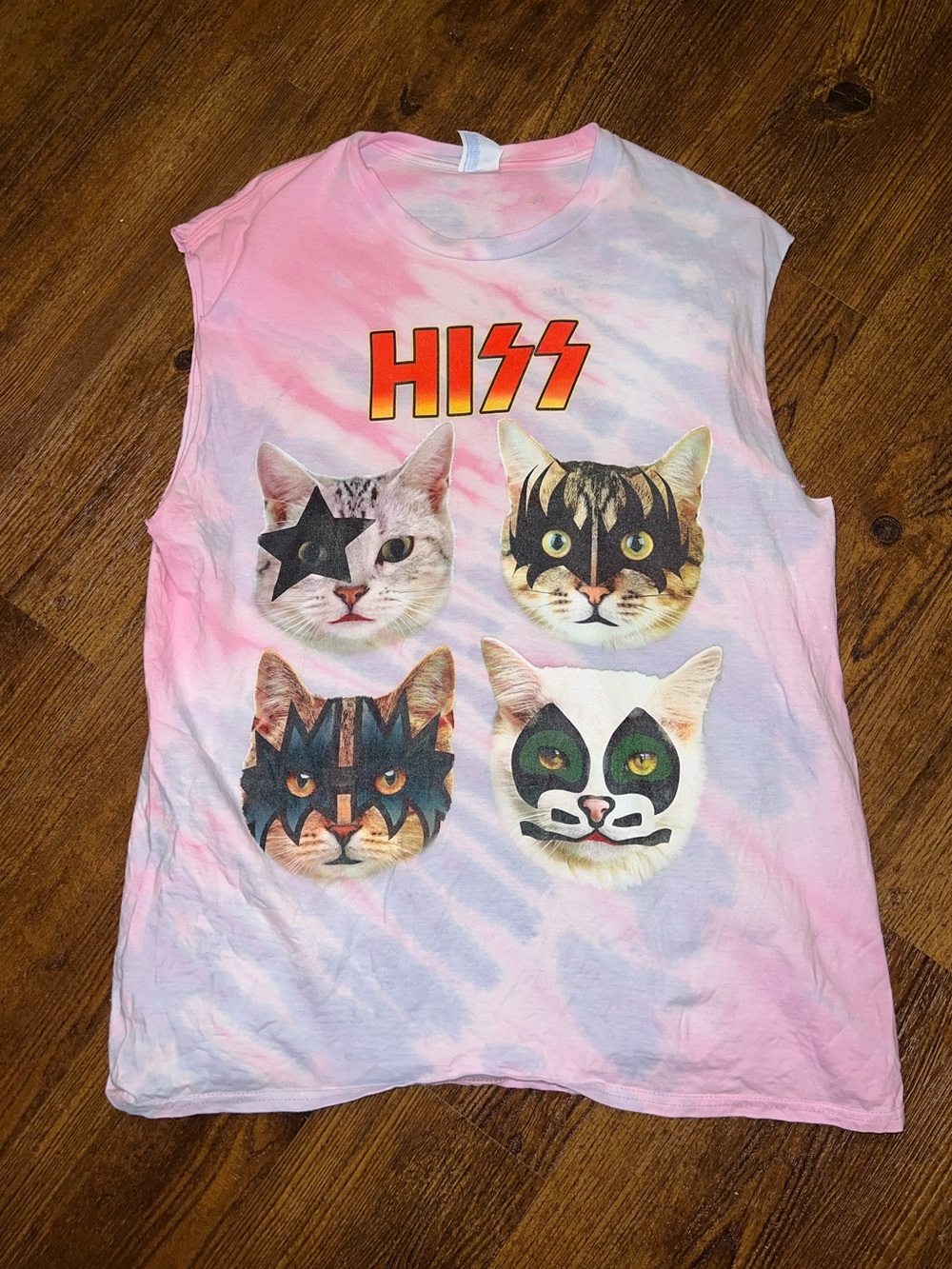 HISS Pink Tie-Dye Funny Cat Graphic Sleeveless Muscle Tee Cotton Tank Size L